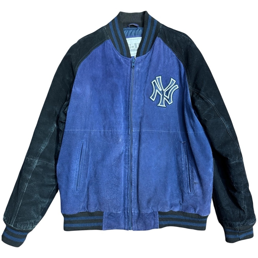 NY Yankees Leather Blue and Black Varsity Jacket Large